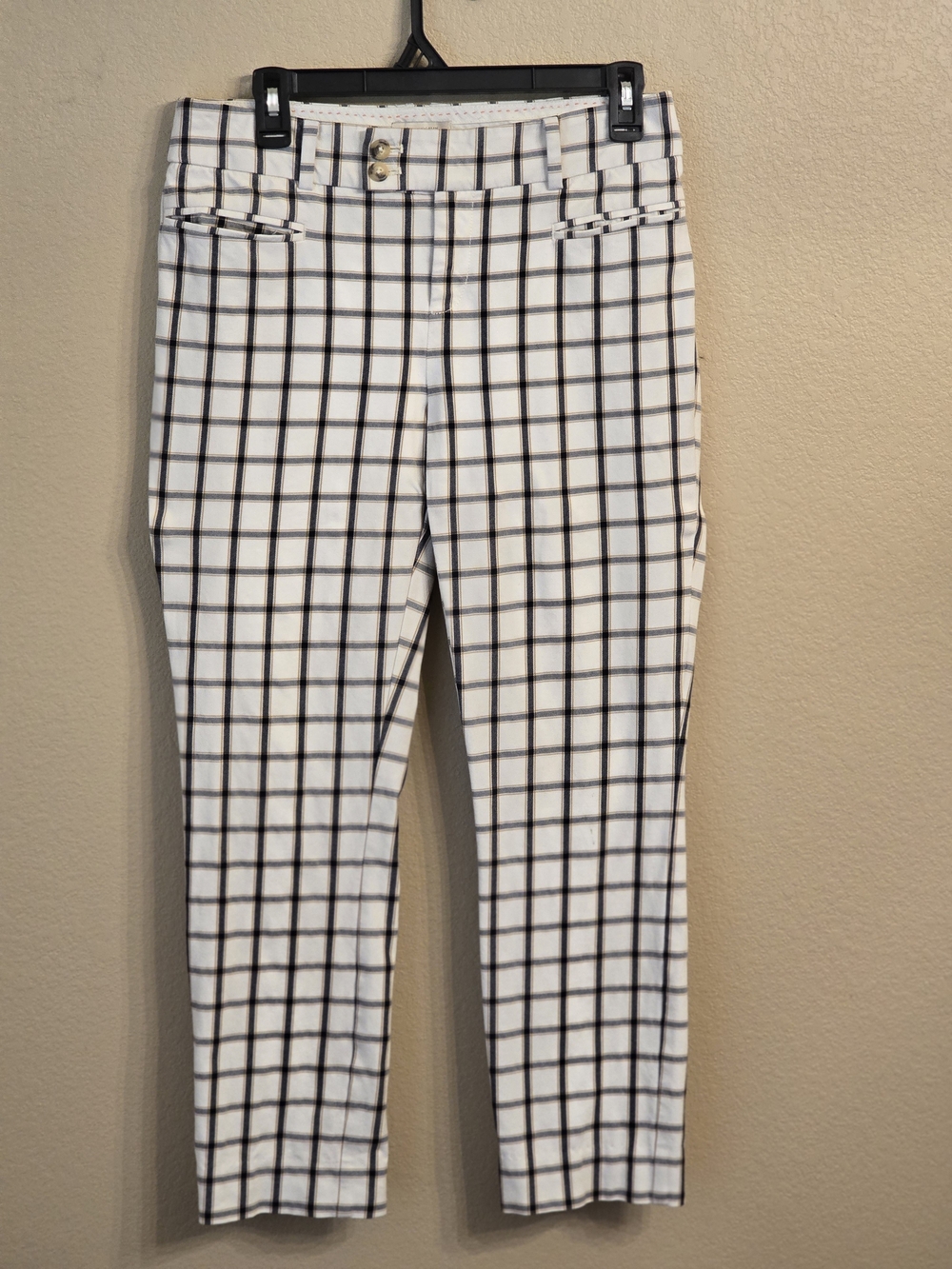 Anthropologie White & Navy Windowpane Cropped Pants Size 4 Cotton Spandex Blend